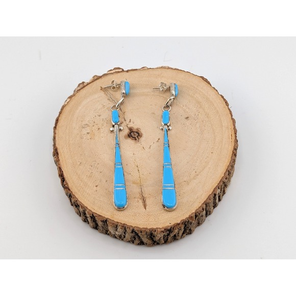Zuni Dangle Earrings Signed Genuine Native Amer Jewelry Turquoise *** - Picture 5 of 10